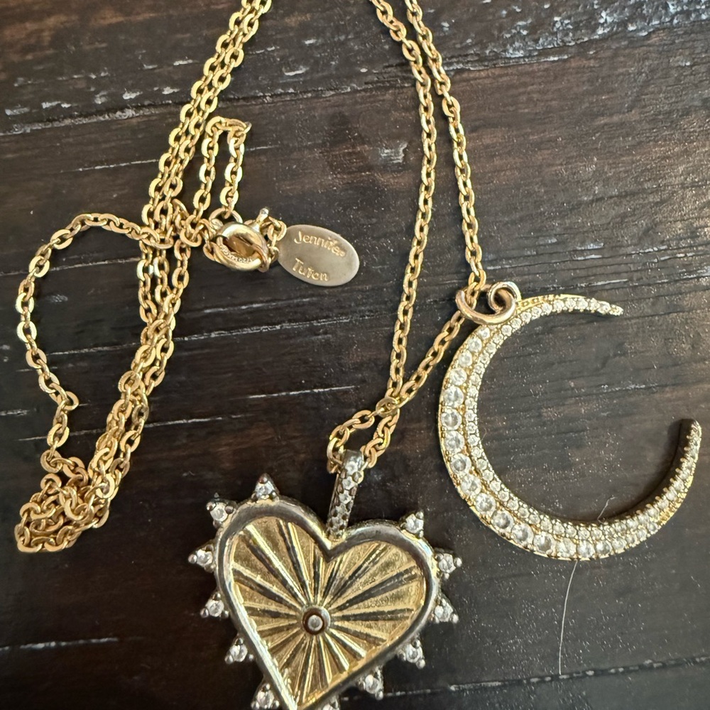 Jennifer Tuton  Gold Heart and Crescent Rhinestone Charms Necklace